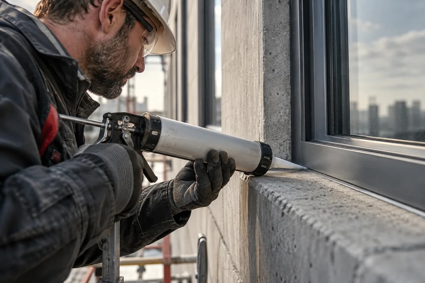 Illustration of sealant application between a window frame and a concrete facade