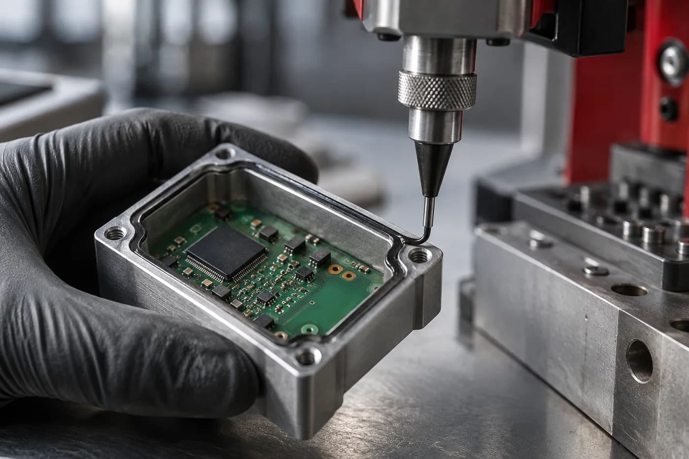 Illustration of precision dispensing beside an electronic circuit board